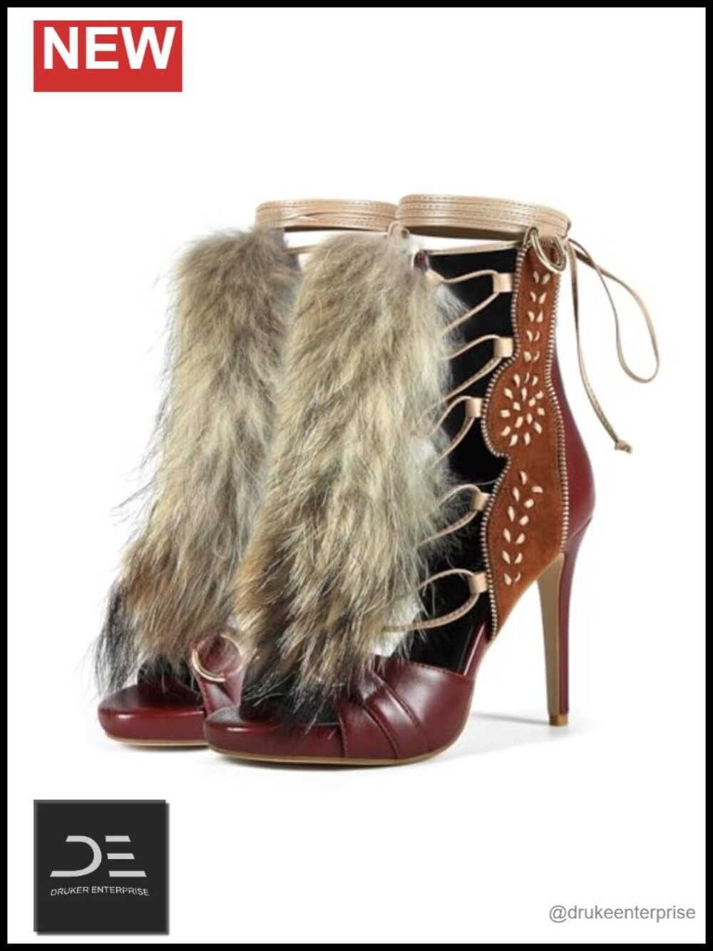 Handmade Suede Furry Ankle Strap Stiletto Heel Sandal